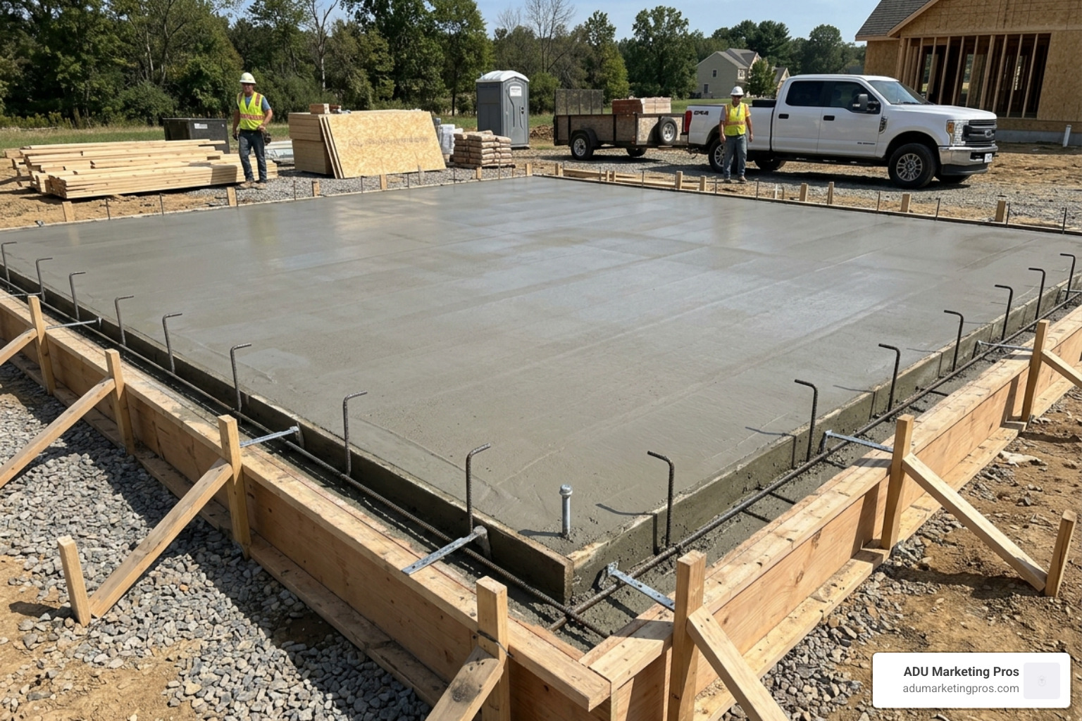 monolithic slab-on-grade foundation with thickened edges ready for a wall pour - Garage foundation requirements