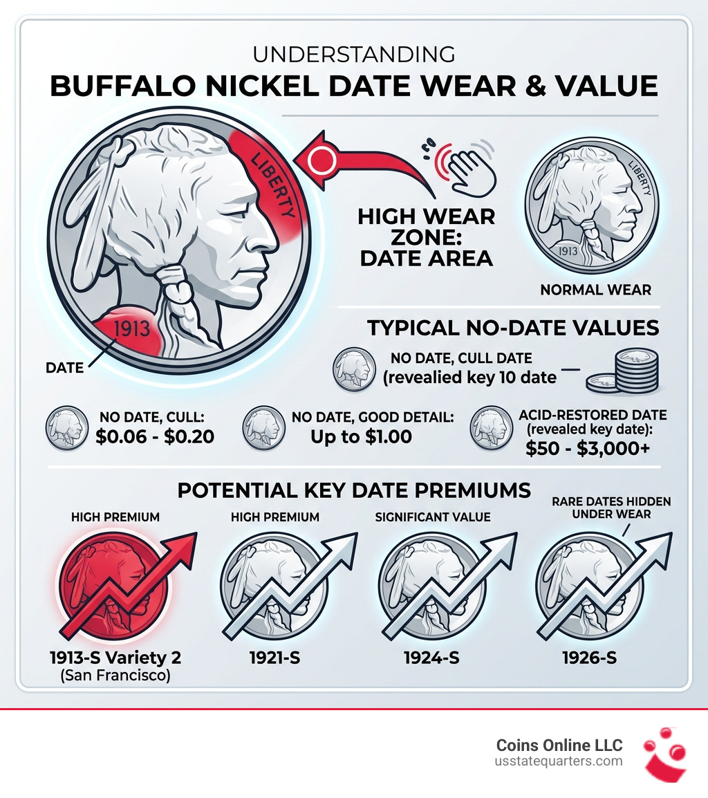 Infographic showing Buffalo Nickel design with date wear zone, value ranges, and key date premiums - indian head five cents Infographic showing Buffalo Nickel design with date wear zone, value ranges, and key date premiums - indian head five cents