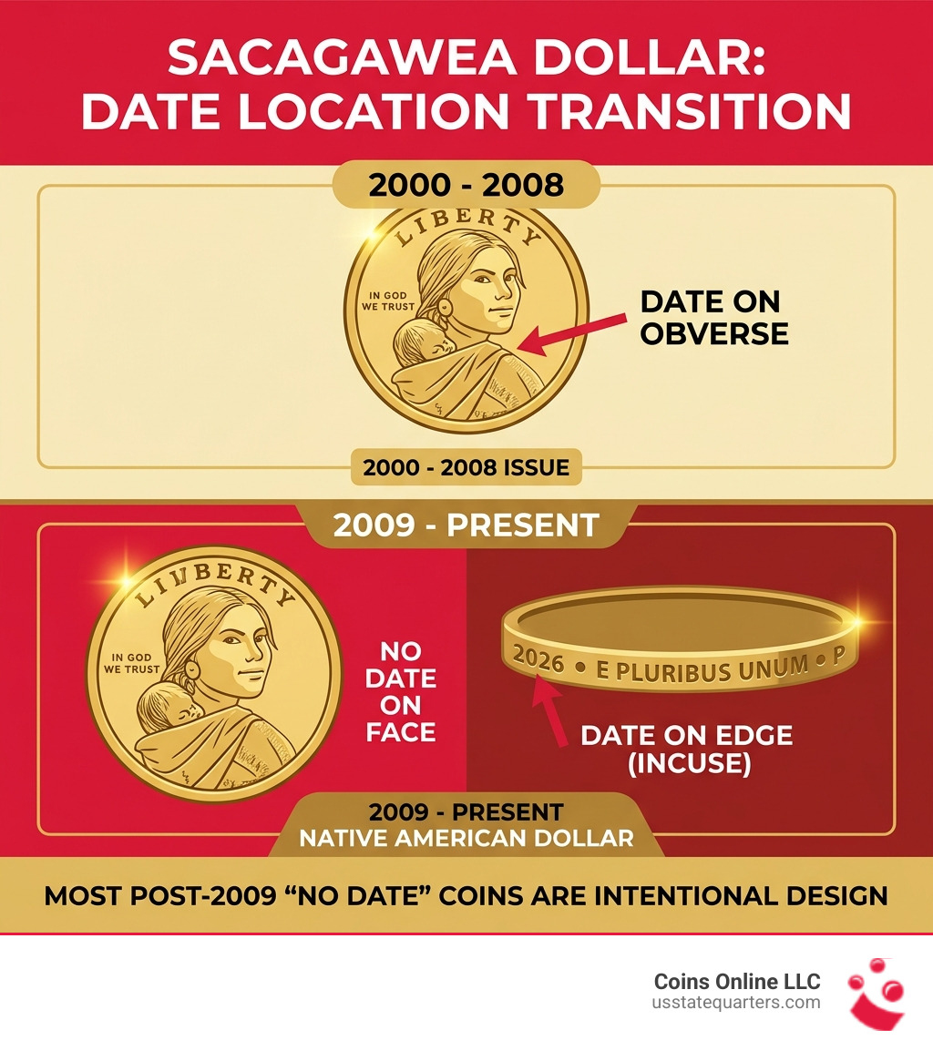 Infographic showing Sacagawea dollar date location transition from obverse 2000-2008 to edge lettering 2009-present