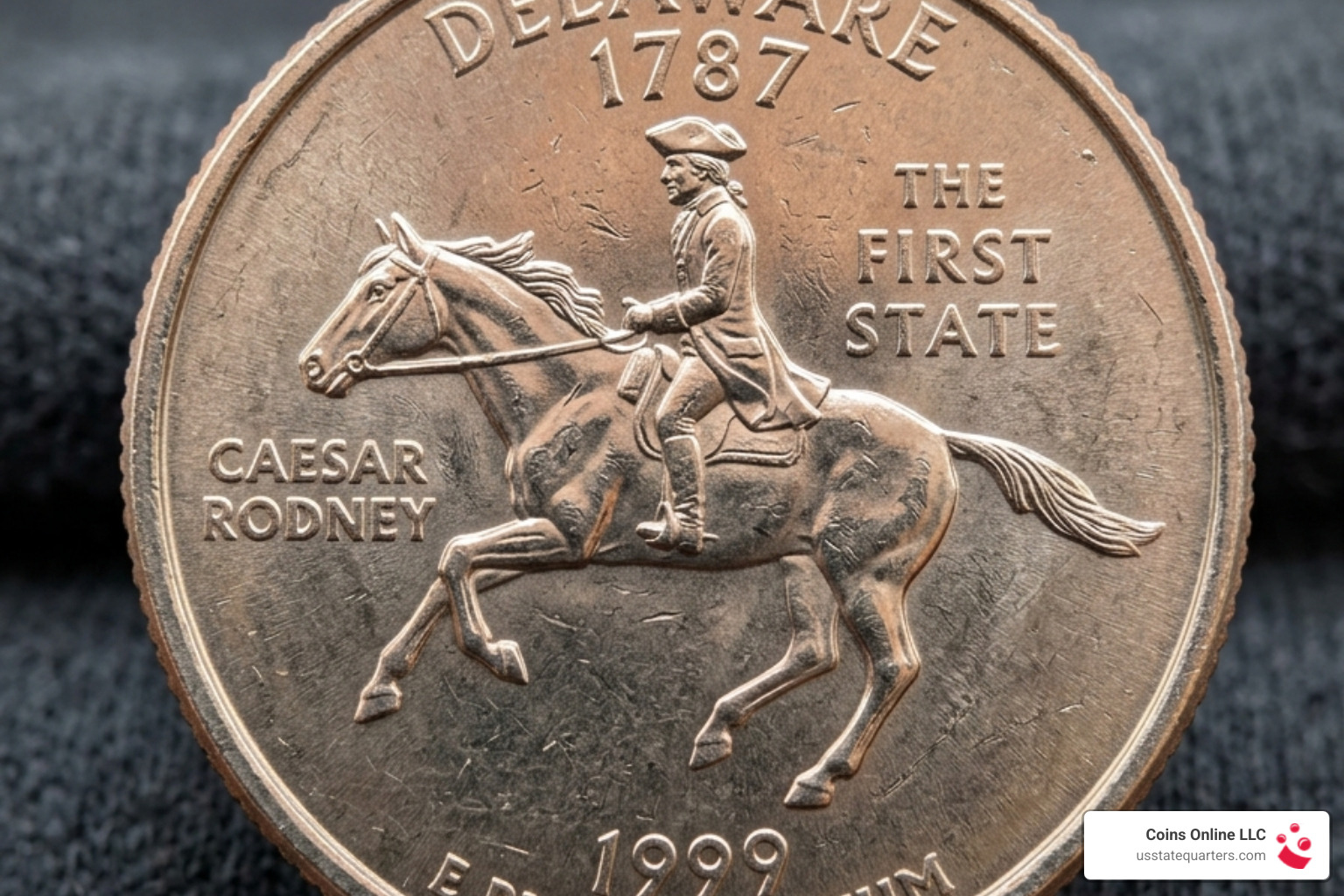 The 1999 Delaware state quarter featuring Caesar Rodney on horseback - list of state quarters with pictures