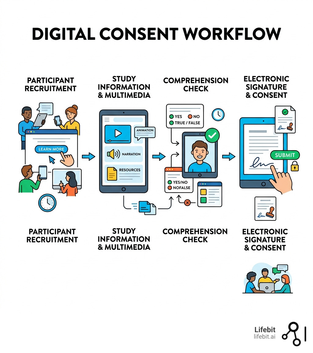 Digital consent workflow from participant recruitment through comprehension check to electronic signature - electronic