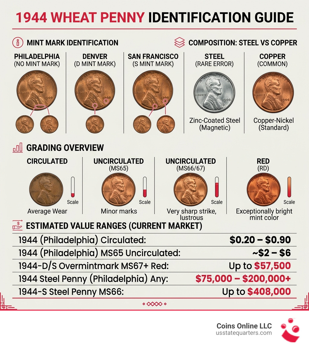 1944 Wheat Penny identification guide showing mint marks, grades, steel vs copper, and value ranges - 1944 wheat penny value