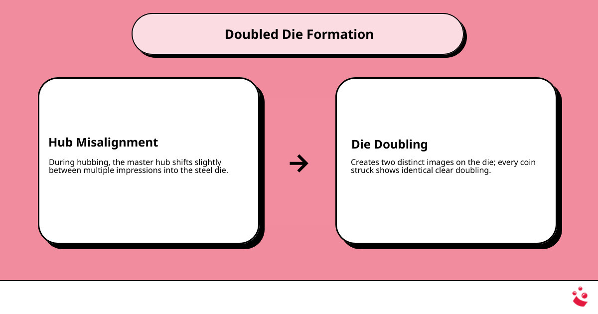 Diagram showing the die hubbing process with misaligned impressions creating a doubled die - doubled die wheat penny
