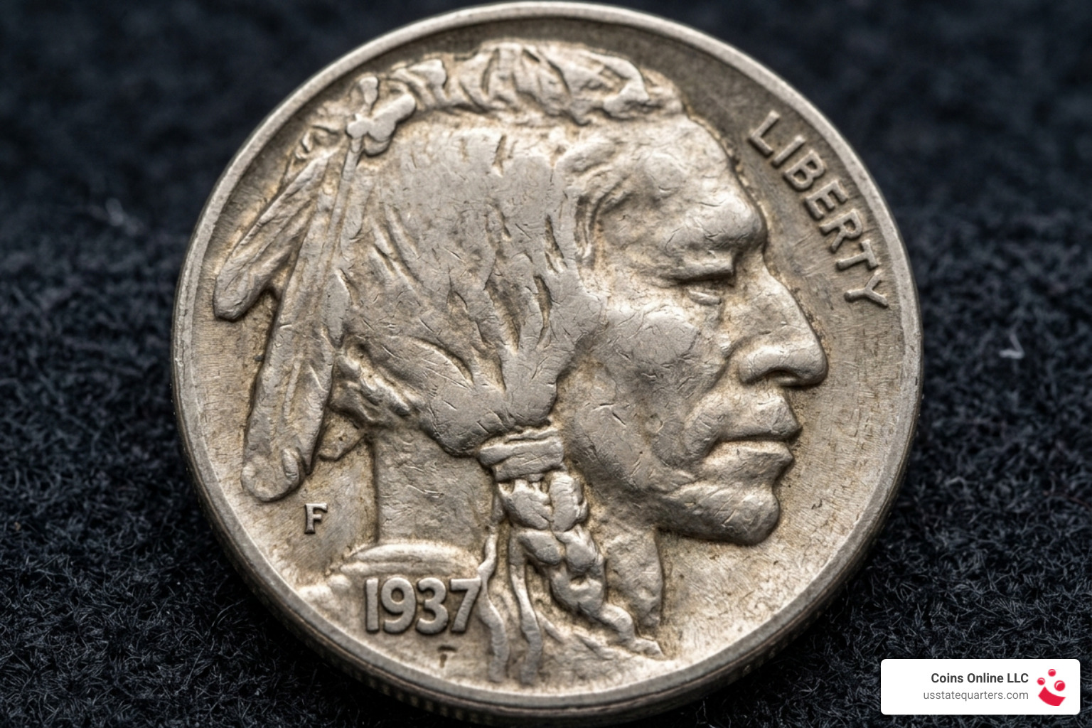 Obverse of Buffalo Nickel featuring the Native American profile with crisp details and F initial - old five cents buffalo