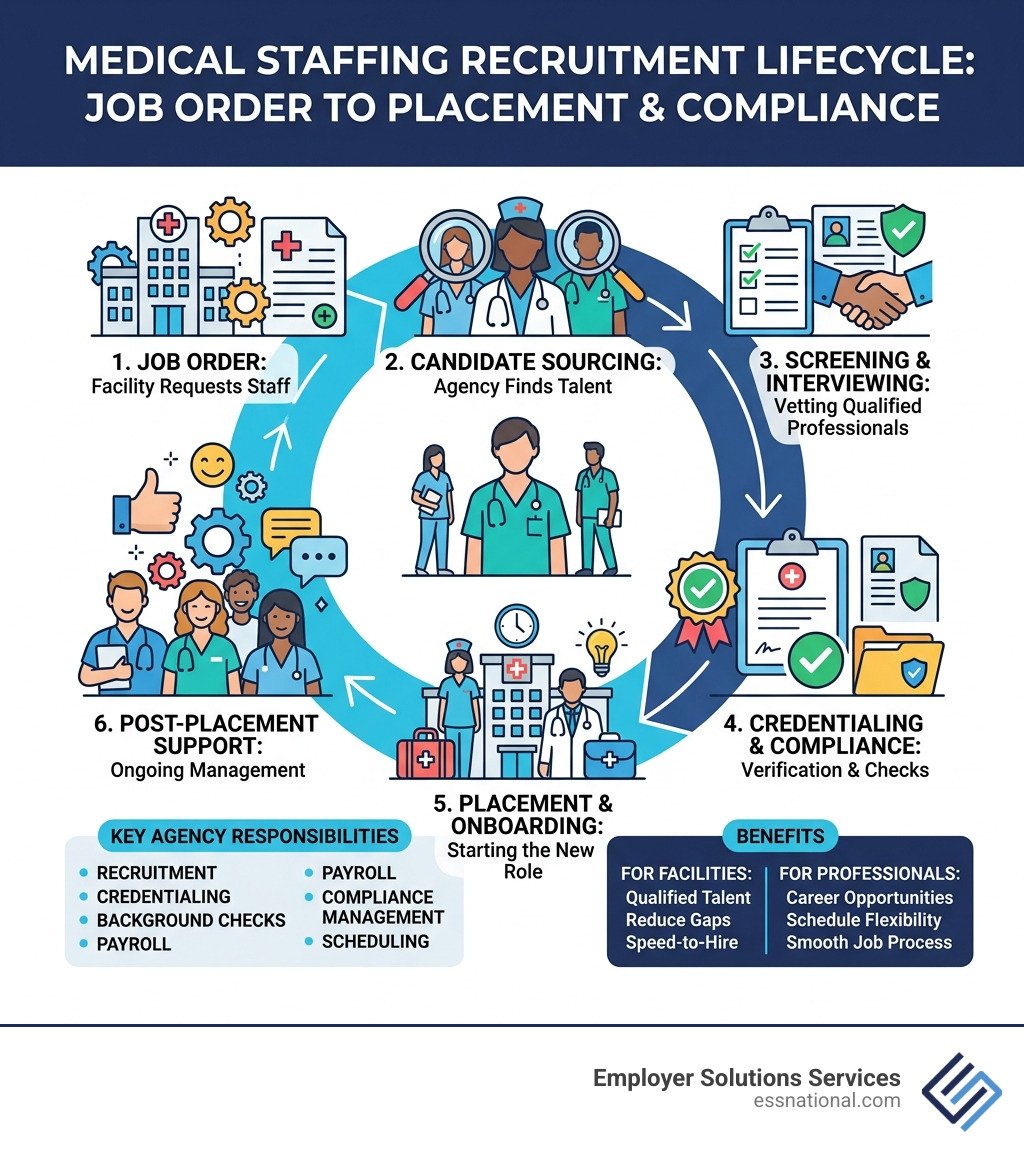 Medical staffing ecosystem showing recruitment lifecycle from job order to placement and compliance - what is a medical