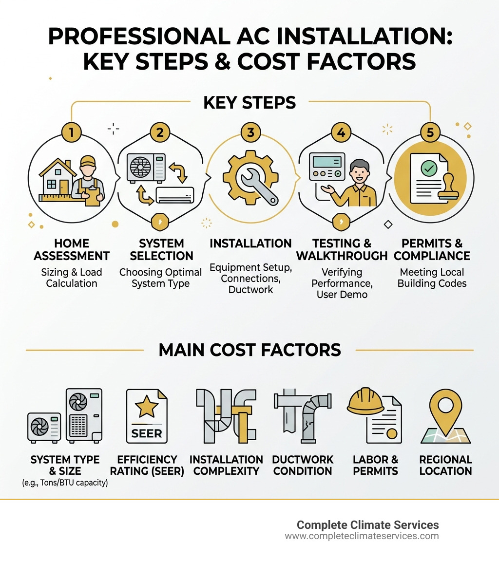 Infographic showing key steps and cost factors of a professional AC installation service - air conditioning installation Infographic showing key steps and cost factors of a professional AC installation service - air conditioning installation