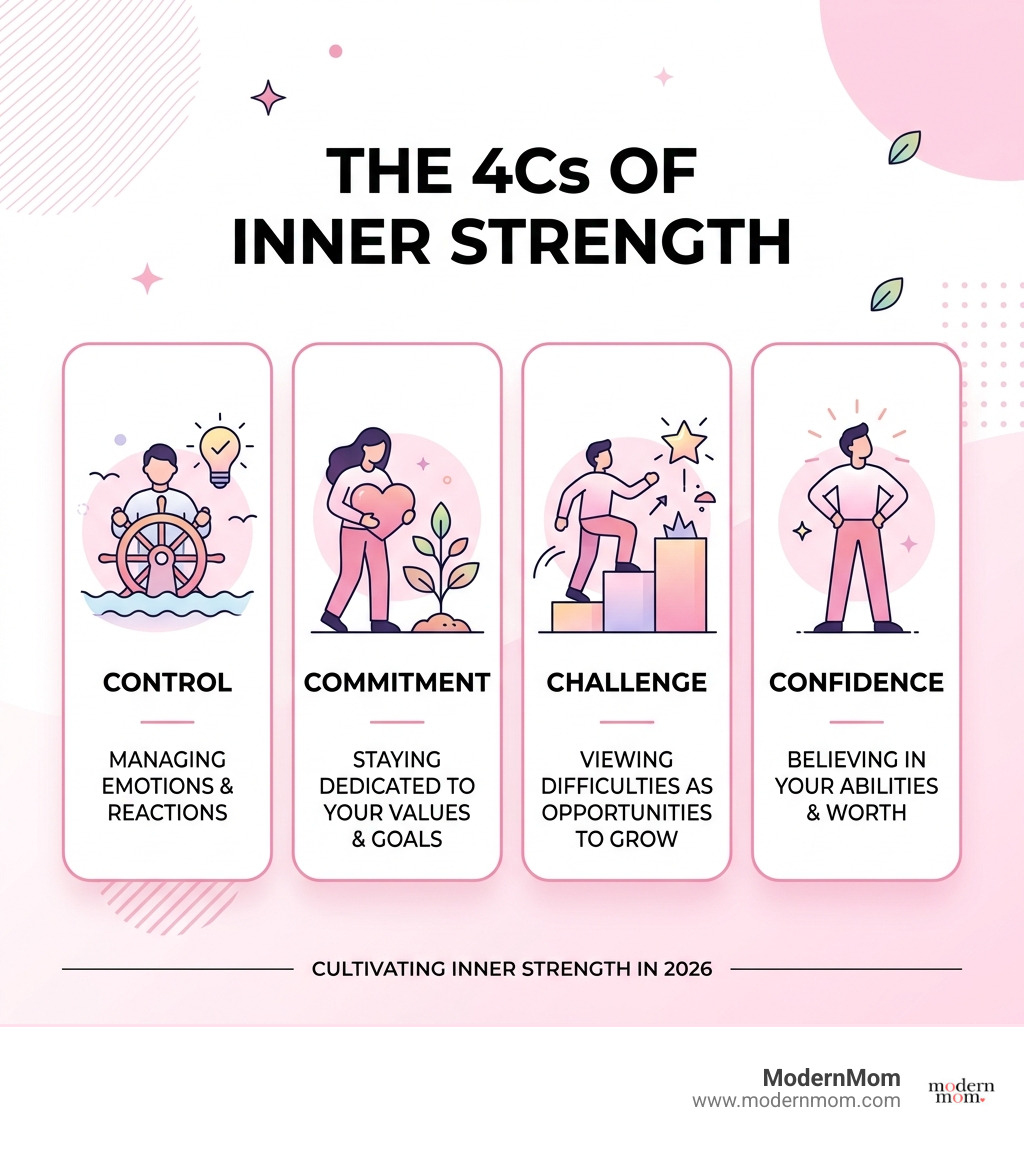 Infographic showing the 4Cs of inner strength: Control, Commitment, Challenge, and Confidence - cultivate inner strength Infographic showing the 4Cs of inner strength: Control, Commitment, Challenge, and Confidence - cultivate inner strength