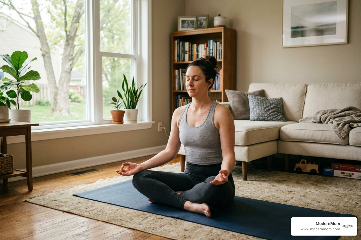 A mom finding a moment of peace practicing yoga in her living room - cultivate inner strength A mom finding a moment of peace practicing yoga in her living room - cultivate inner strength