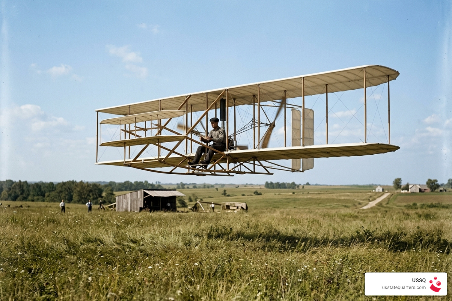 Historically accurate depiction of the Wright Flyer III in flight over the grassy Huffman Prairie - ohio wright brothers Historically accurate depiction of the Wright Flyer III in flight over the grassy Huffman Prairie - ohio wright brothers