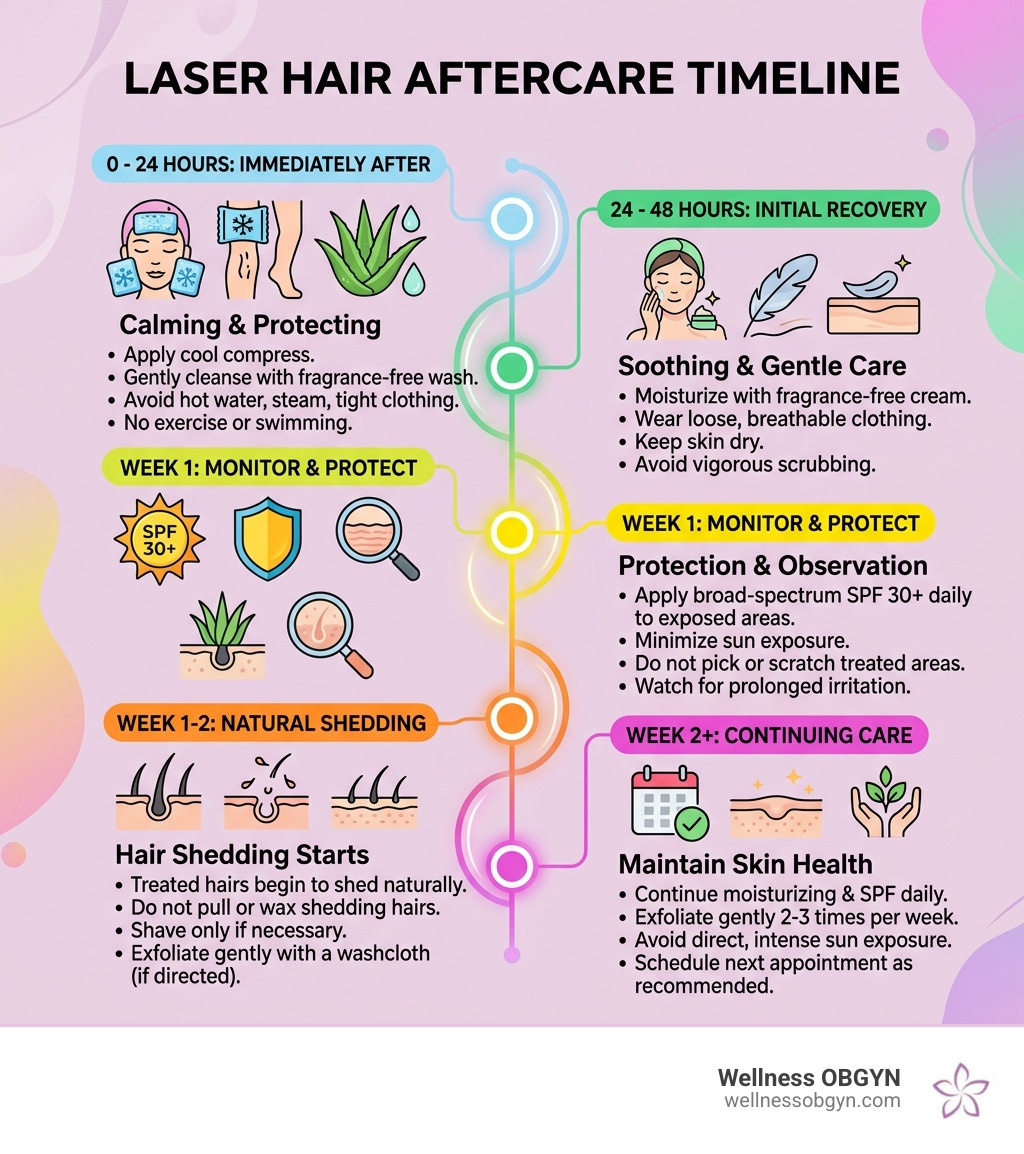 Infographic showing laser hair aftercare timeline from 0-24 hours through week 2+ - laser hair aftercare infographic 