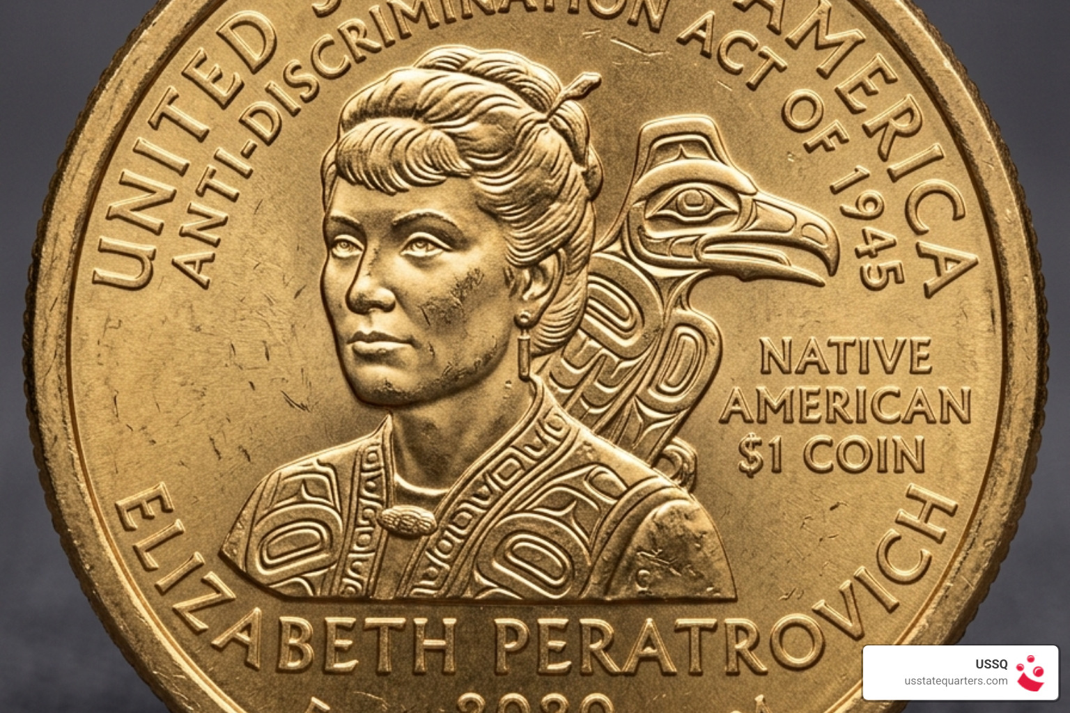 Detailed 2020 Reverse Design featuring Elizabeth Peratrovich and the Tlingit Raven symbol - 2020 sacagawea dollar coin Detailed 2020 Reverse Design featuring Elizabeth Peratrovich and the Tlingit Raven symbol - 2020 sacagawea dollar coin