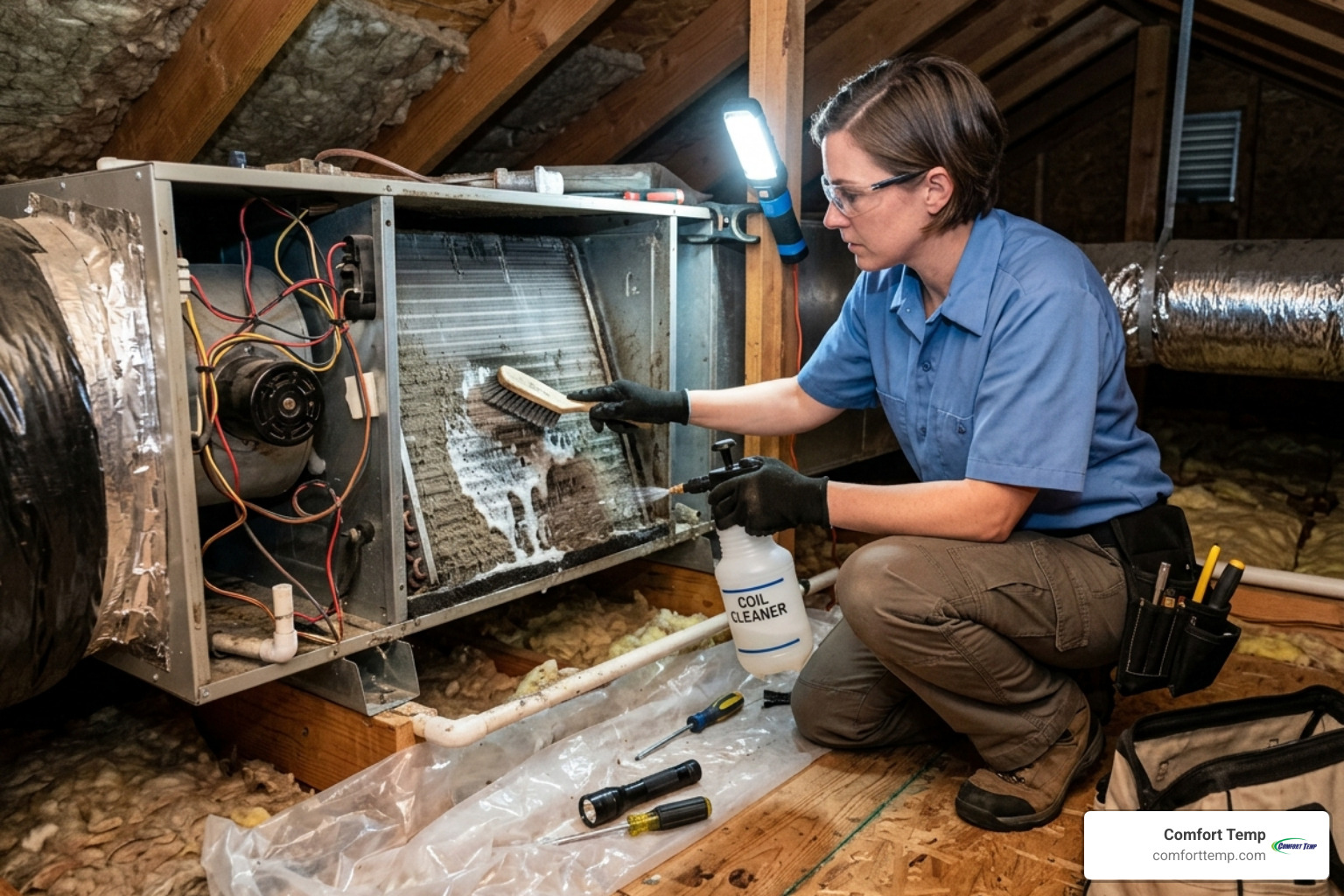 Technician in blue uniform cleaning a dirty evaporator coil to restore efficiency - Air conditioning tune-up Gainesville Technician in blue uniform cleaning a dirty evaporator coil to restore efficiency - Air conditioning tune-up Gainesville