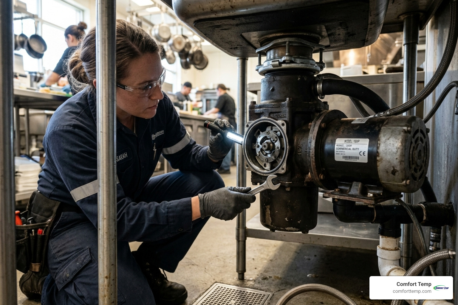Professional technician inspecting a heavy-duty commercial food waste disposer in a kitchen - commercial garbage disposal Professional technician inspecting a heavy-duty commercial food waste disposer in a kitchen - commercial garbage disposal