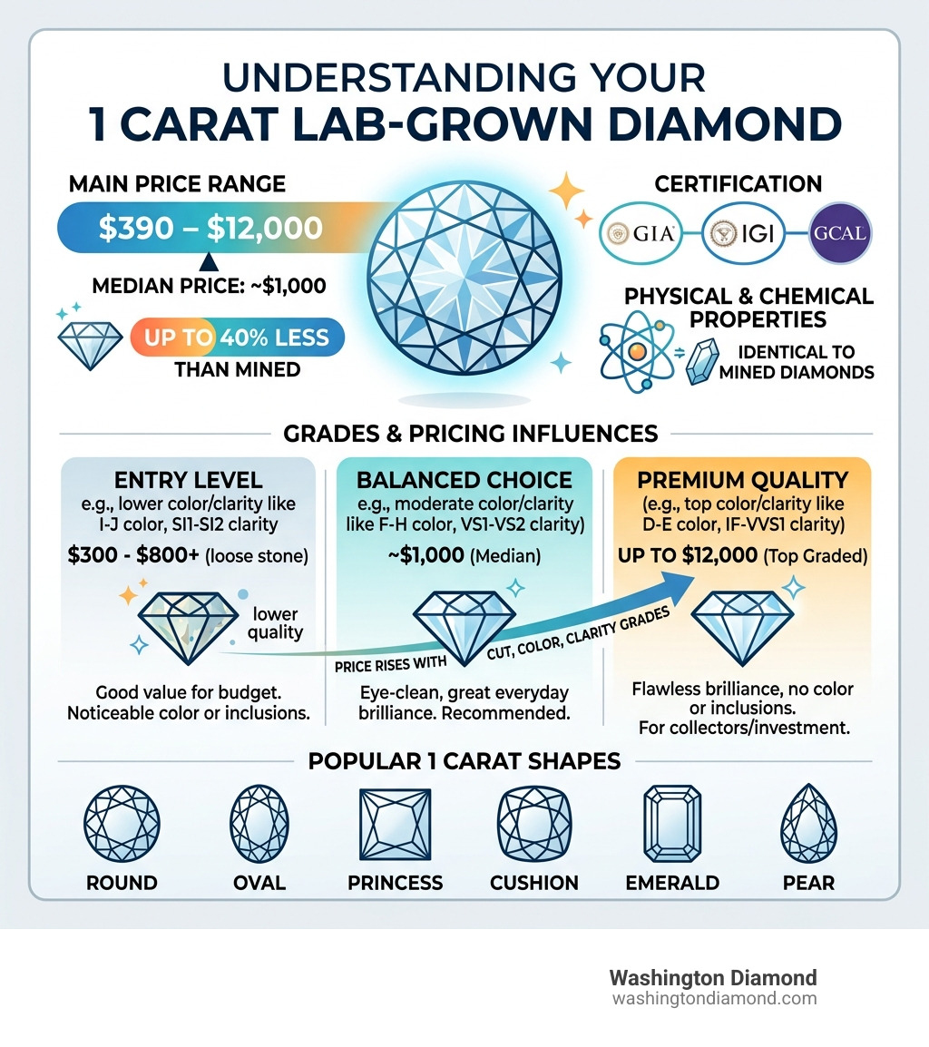 Infographic showing price ranges, quality grades, and key facts about 1 carat lab-grown diamonds - 1 carat man made diamond
