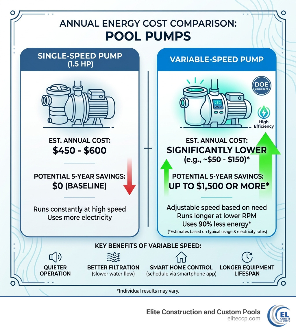 table comparing annual energy costs of single-speed vs variable-speed pumps - high efficiency pool pump infographic 