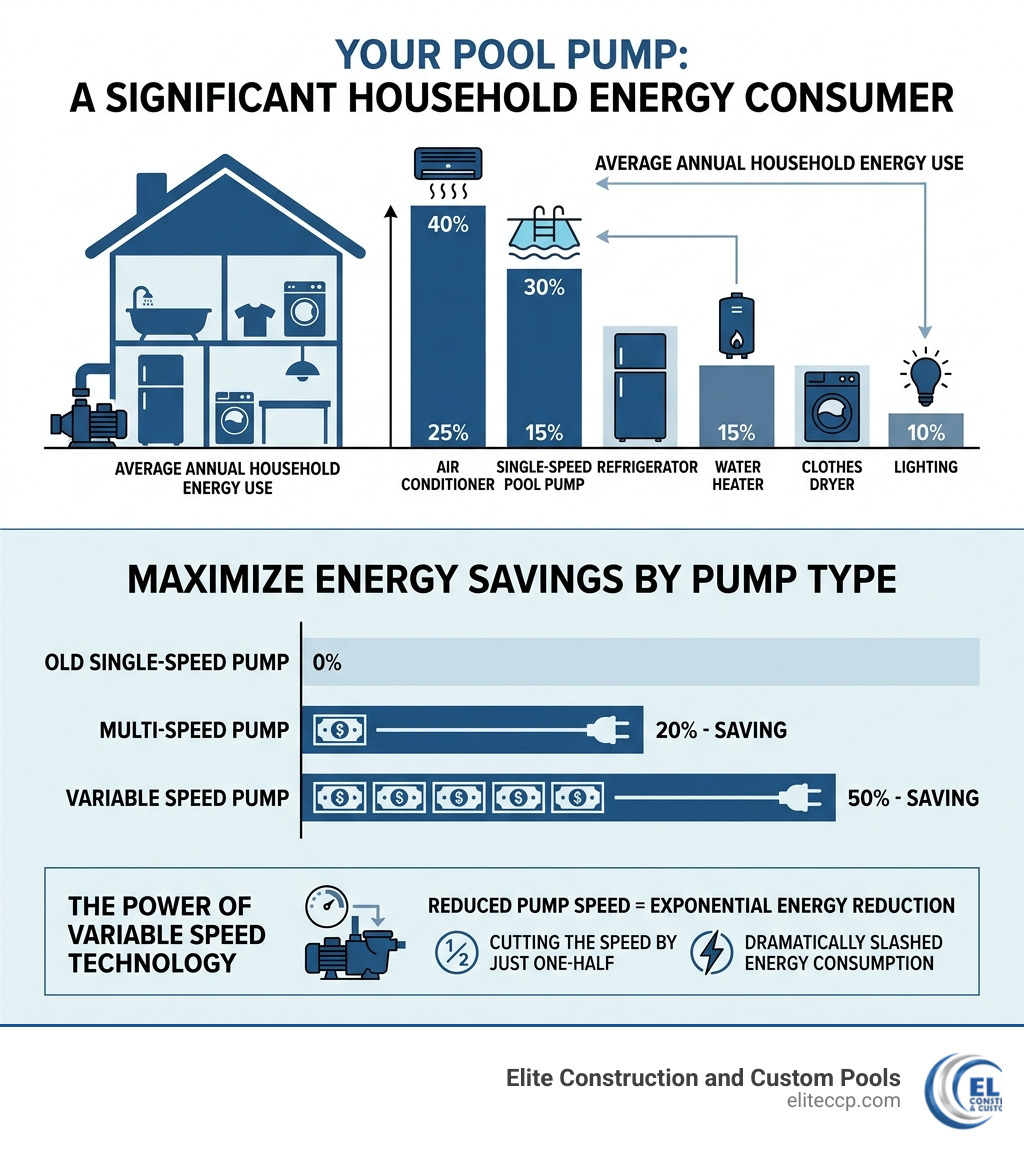 infographic showing pool pump energy consumption vs other household appliances and efficiency savings by pump type - high