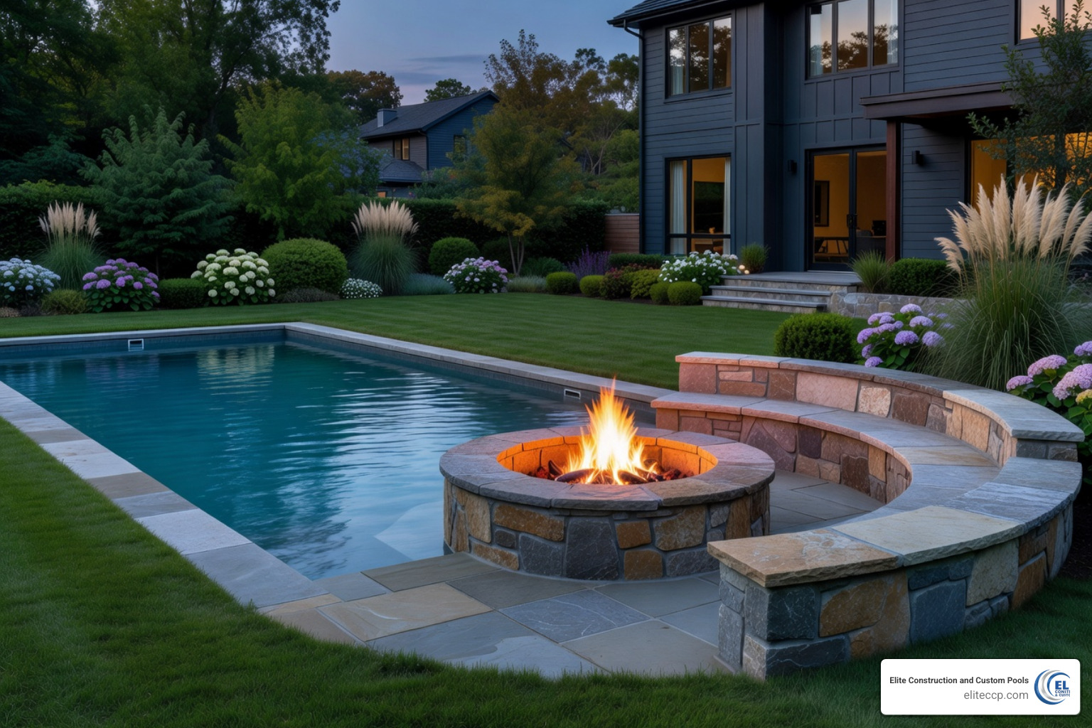 Built-in fire pit with stone surround and integrated seating area - integrated fire pit