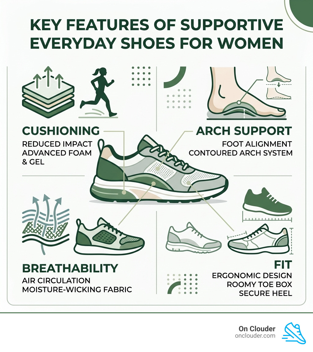 infographic showing key features of supportive everyday shoes for women: cushioning, arch support, breathability, fit