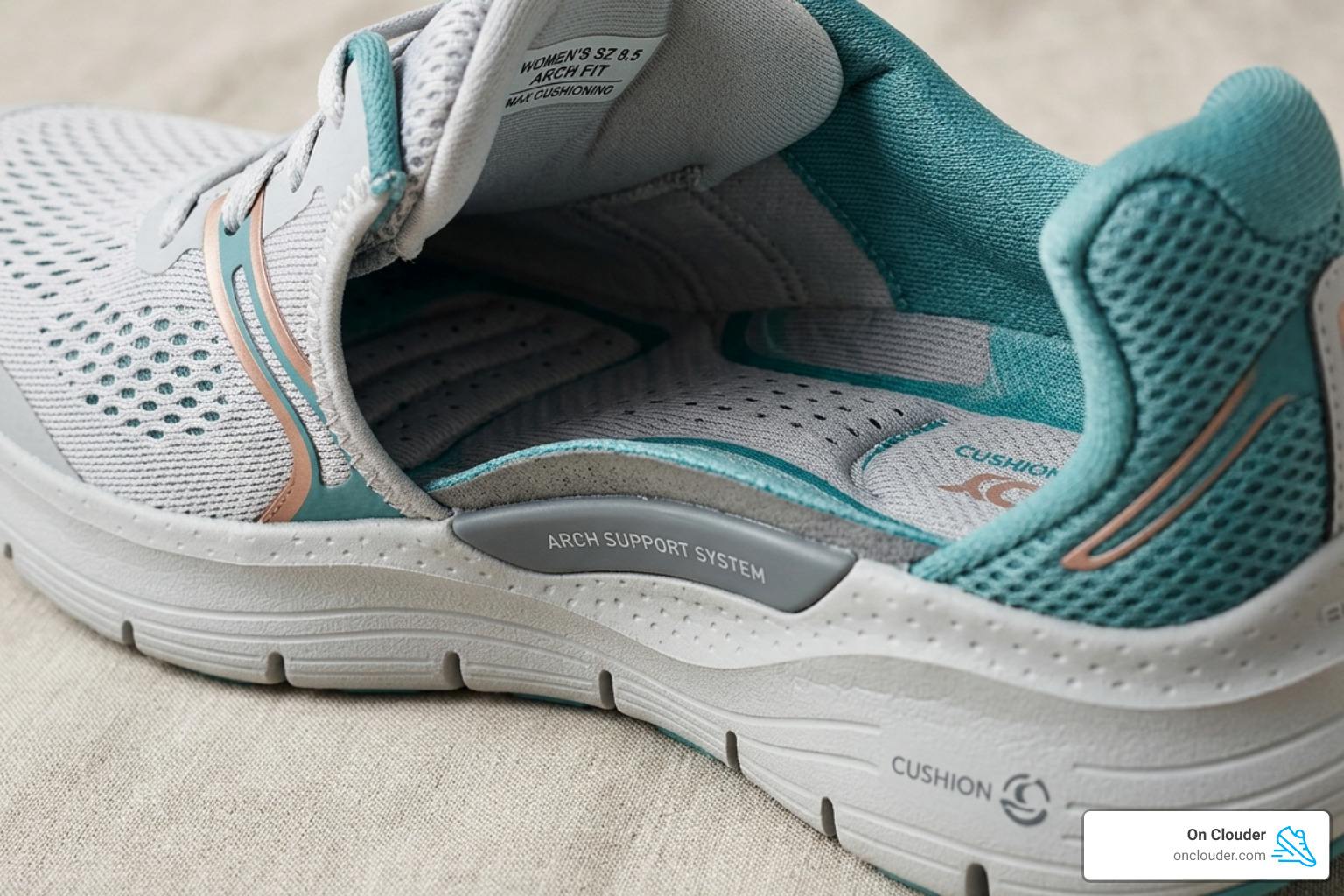 close-up of arch support and cushioning in a women's sneaker - everyday shoes for women