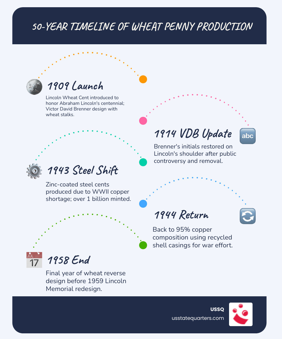 50-year timeline of Wheat Penny production from 1909 to 1958 with key composition changes - wheat penny infographic
