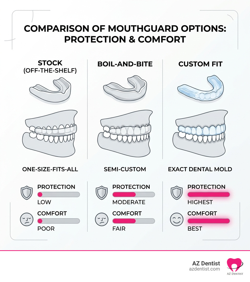 Infographic comparing stock, boil-and-bite, and custom fit mouthguards with protection and comfort ratings - custom fit Infographic comparing stock, boil-and-bite, and custom fit mouthguards with protection and comfort ratings - custom fit