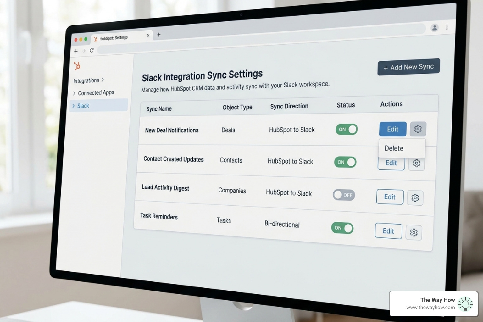 HubSpot's Slack integration settings interface, showing options to edit, toggle, or delete syncs - which slack channels can