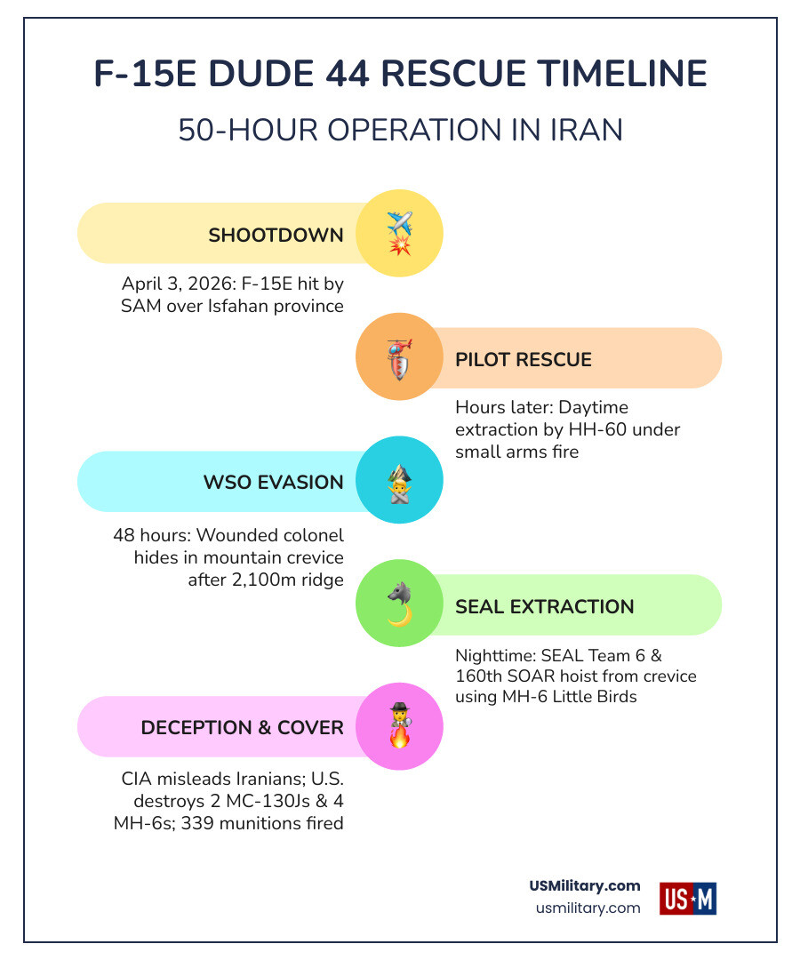Infographic showing the 50-hour F-15E rescue timeline from shootdown to WSO extraction in Iran - Latest Update How F-15 Infographic showing the 50-hour F-15E rescue timeline from shootdown to WSO extraction in Iran - Latest Update How F-15