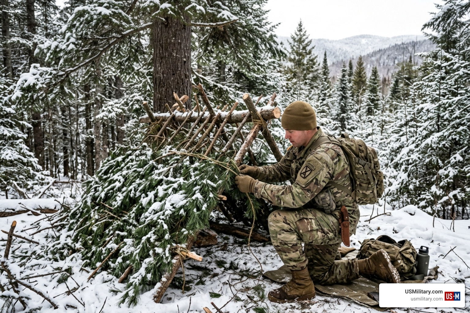 A survival shelter constructed from pine boughs and natural materials in a dense forest - SERE Training For Navy SEALs