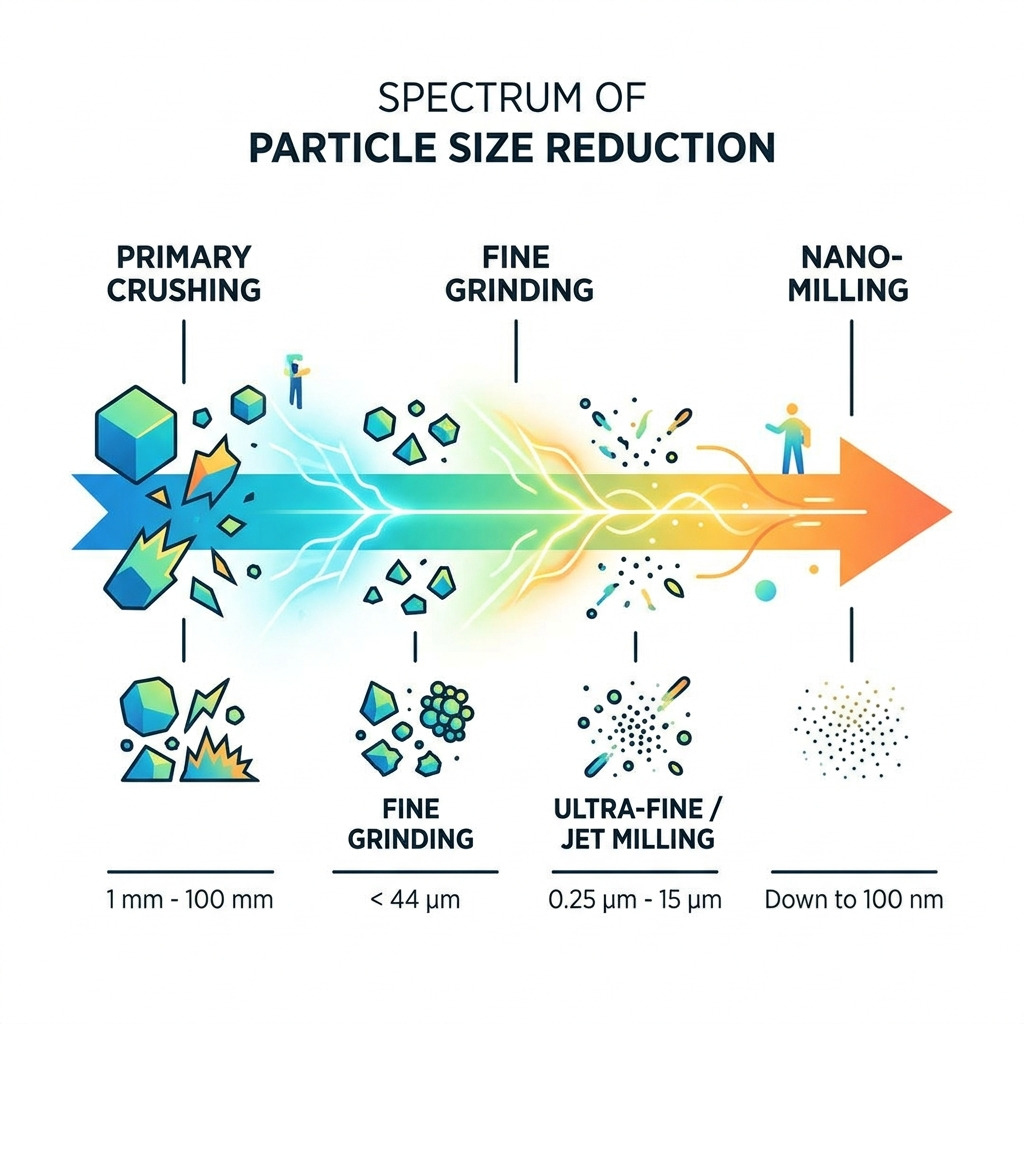 Spectrum of particle size reduction from primary crushing to nano-milling