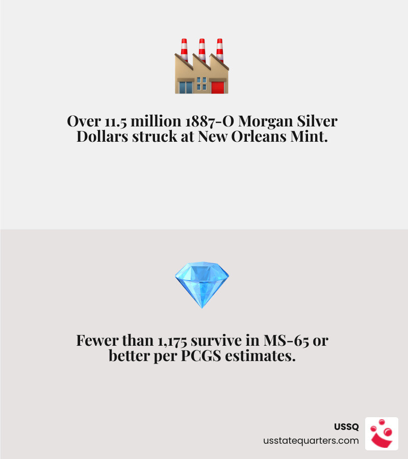 1887-O Morgan Silver Dollar mintage 11.5 million survival rates by grade MS65 scarcity infographic - 1887 o morgan silver