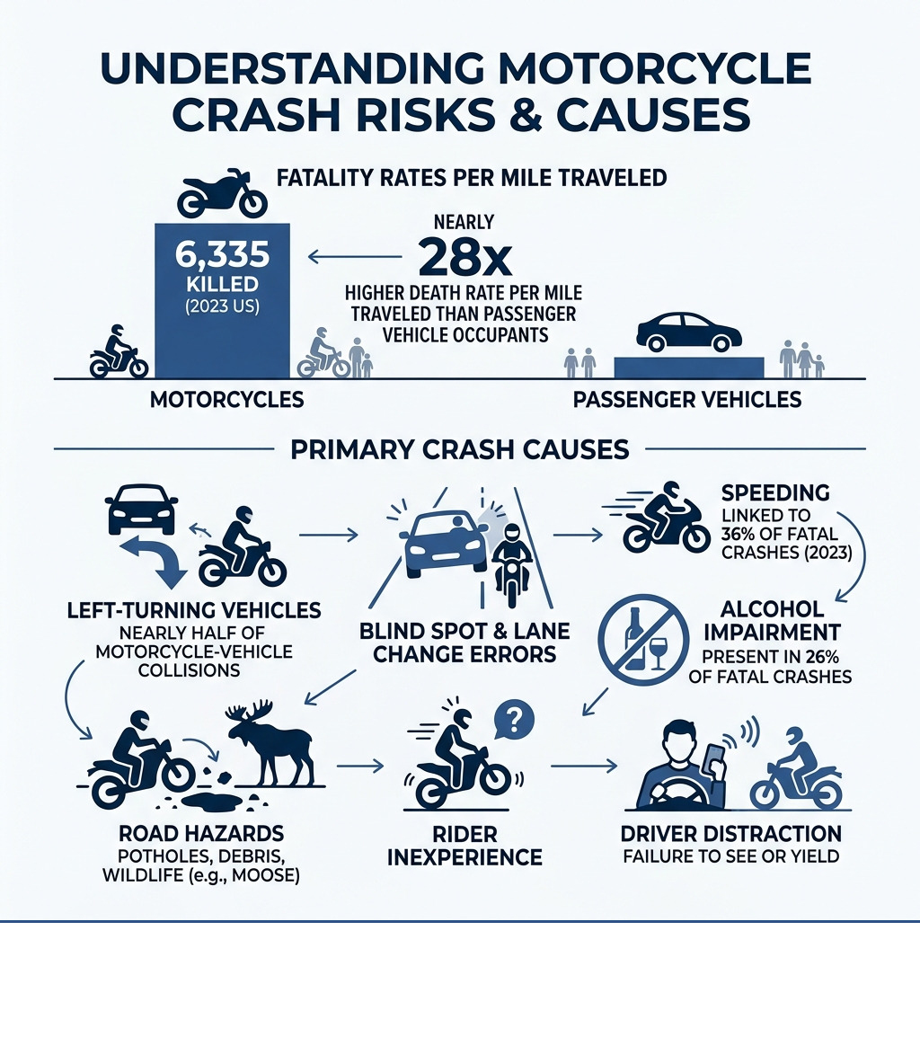 Infographic comparing motorcycle vs. passenger vehicle fatality rates per mile traveled, crash causes breakdown - how do