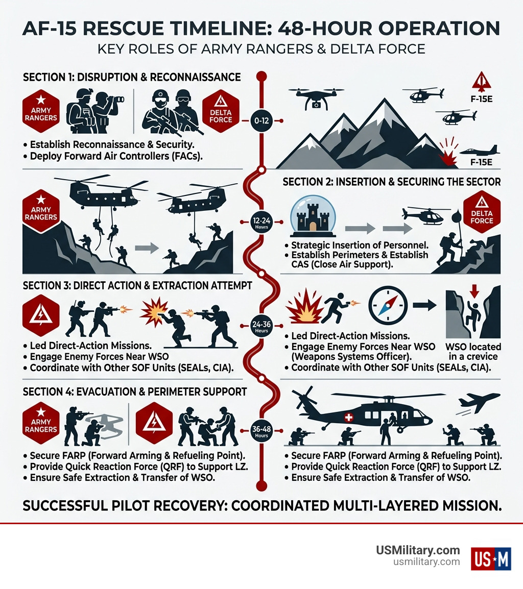 Infographic showing the 48-hour AF-15 rescue timeline with Army Rangers and Delta Force roles - How Were Army Rangers and