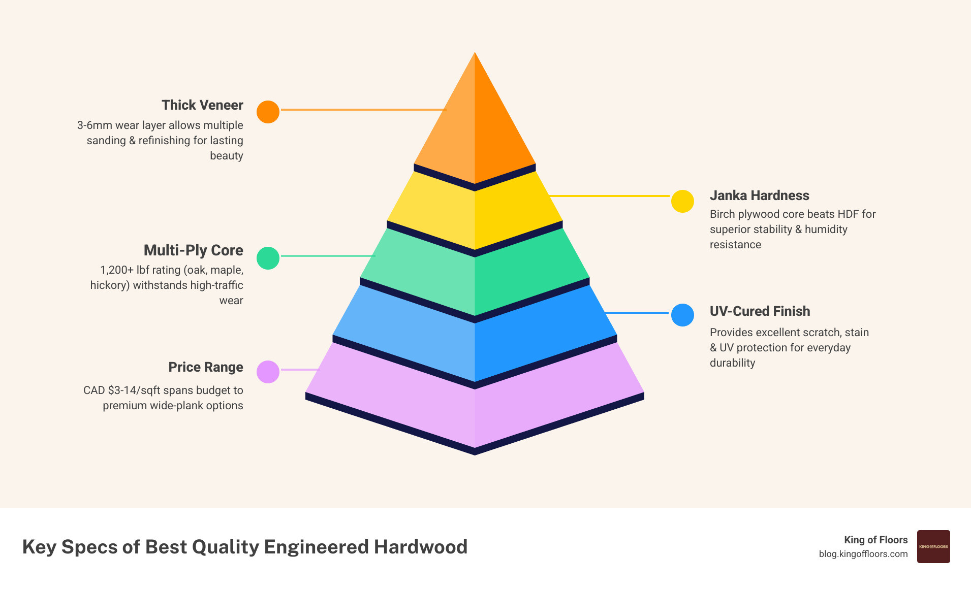 Infographic showing veneer thickness tiers, Janka hardness ratings, core types, and price ranges for best quality engineered