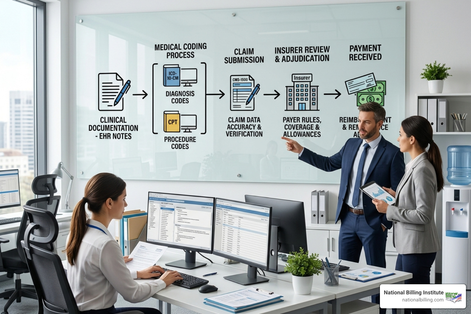 data flow diagram showing clinical documentation transforming into codes and then payment - rcm medical coding