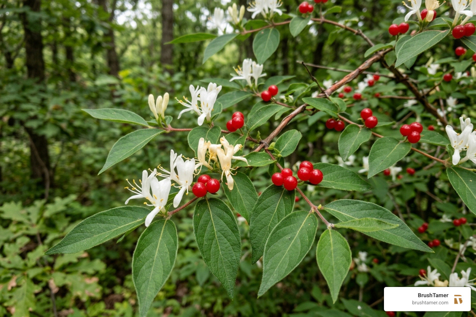Close up of Amur honeysuckle showing distinct white flowers and paired red berries - exotic shrub eradication Midwest
