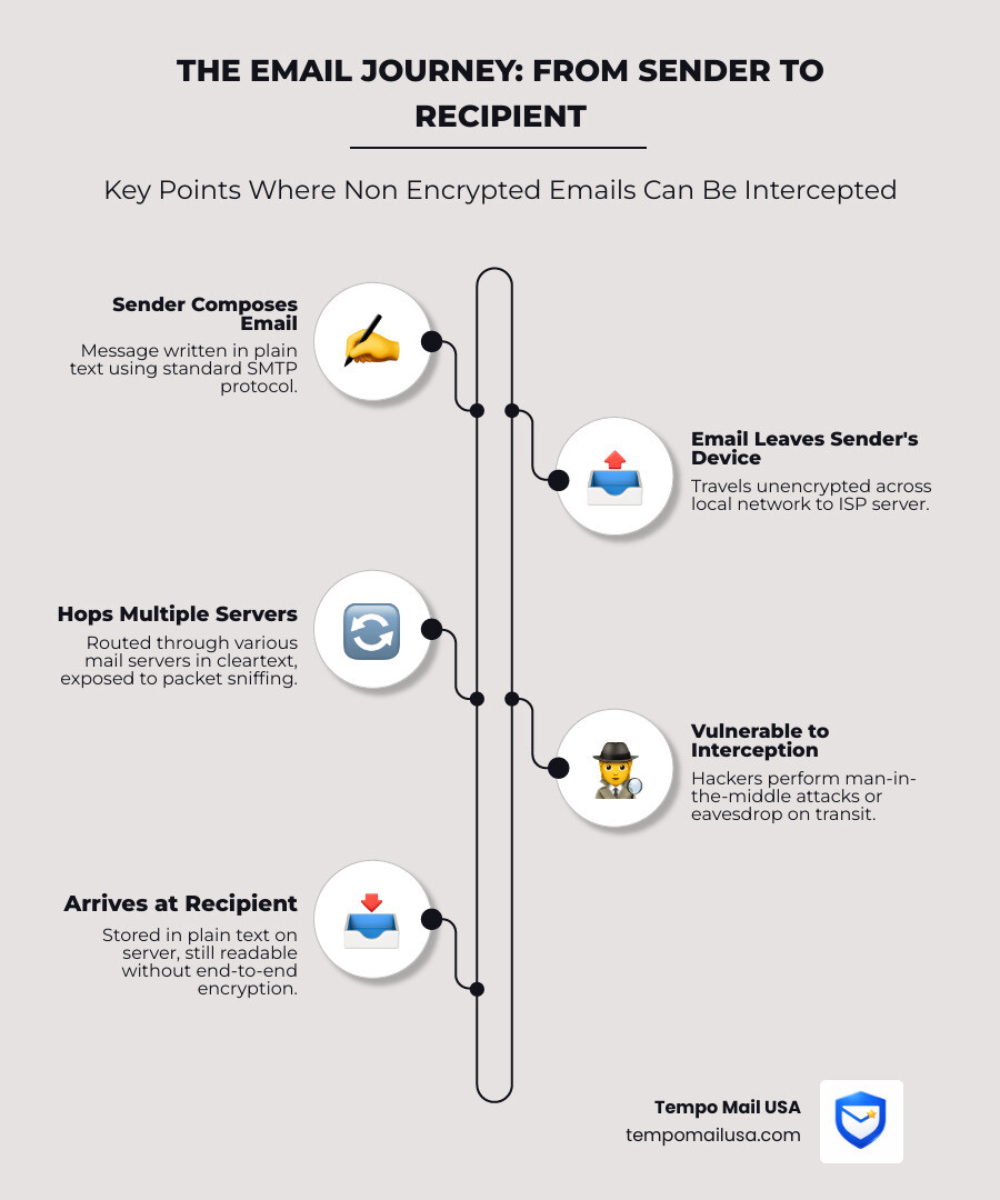 Diagram showing email journey from sender to recipient with interception points highlighted - non encrypted emails Diagram showing email journey from sender to recipient with interception points highlighted - non encrypted emails