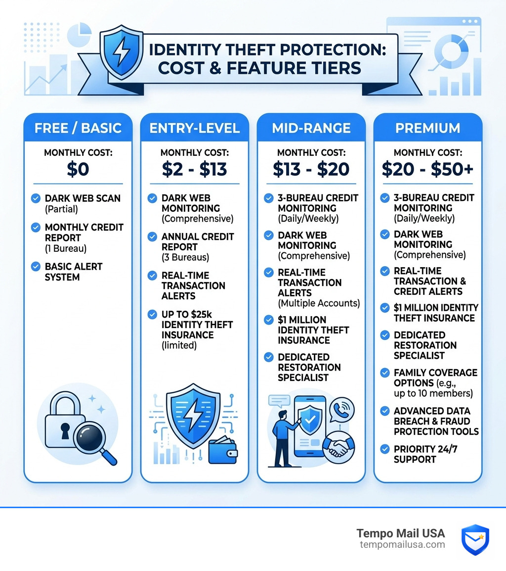 Infographic showing identity theft protection cost tiers from free to $50+ per month with key features at each level - cost Infographic showing identity theft protection cost tiers from free to $50+ per month with key features at each level - cost