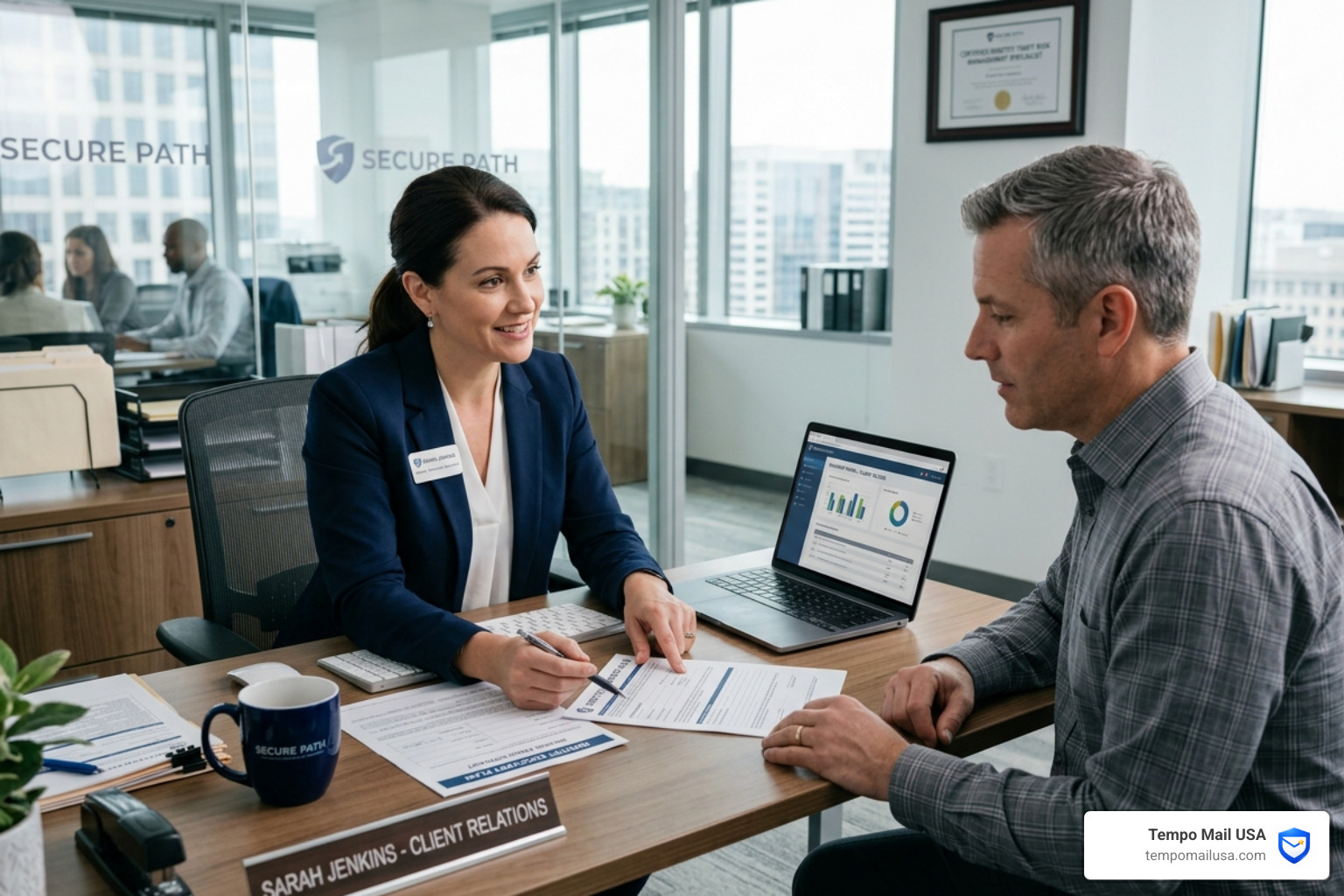 Restoration specialist assisting a client with identity recovery - cost for identity theft protection Restoration specialist assisting a client with identity recovery - cost for identity theft protection