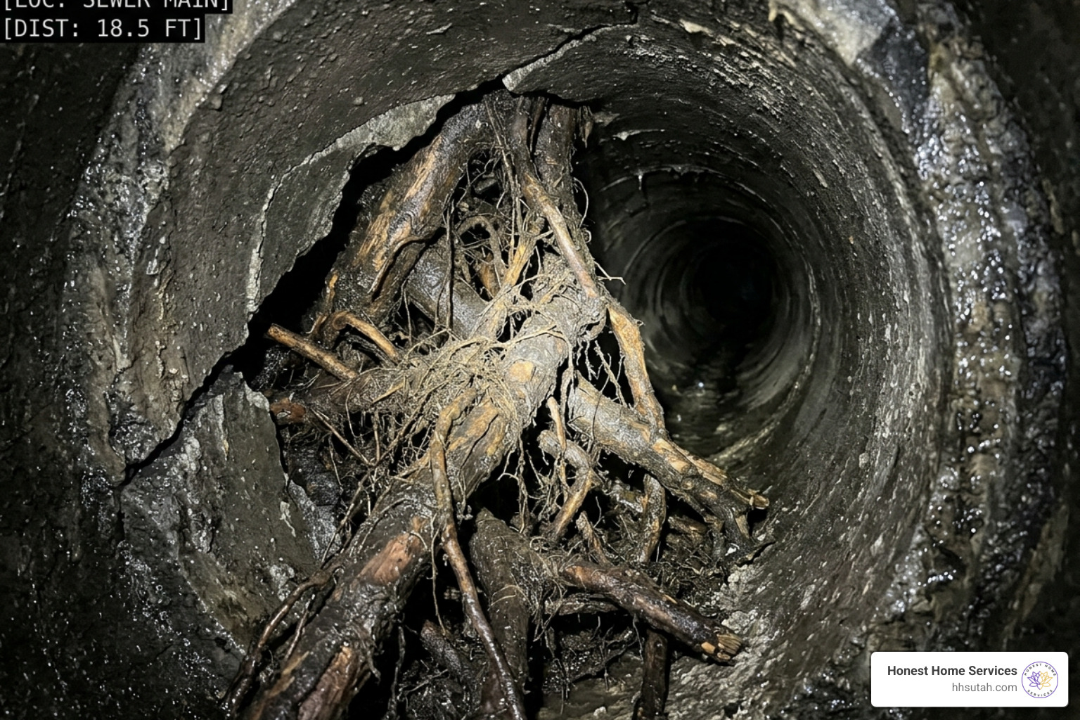 Camera view of tree root intrusion inside a sewer pipe - main line sewer scope Camera view of tree root intrusion inside a sewer pipe - main line sewer scope