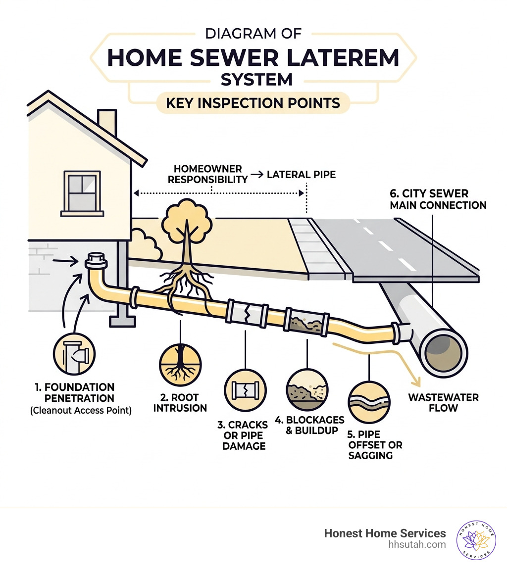 Diagram of home sewer lateral system from foundation to city main with key inspection points - main line sewer scope Diagram of home sewer lateral system from foundation to city main with key inspection points - main line sewer scope