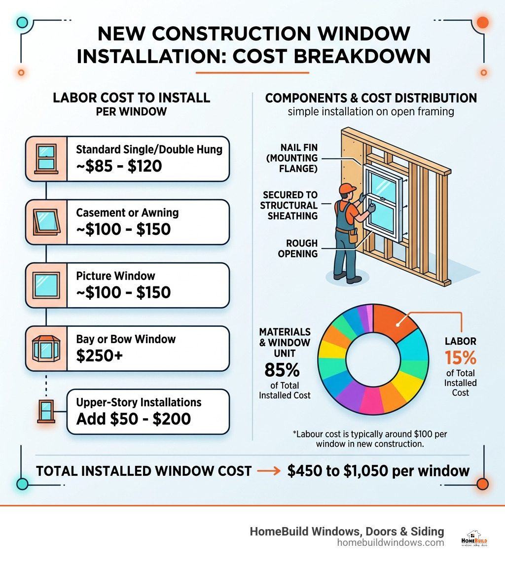 Infographic showing components and labor cost breakdown for new construction window installation - labor cost to install