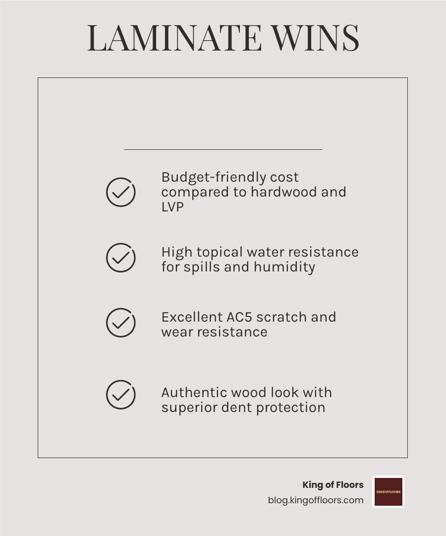 Comparison table showing laminate vs hardwood vs LVP across different performance metrics - water resistant laminate floors