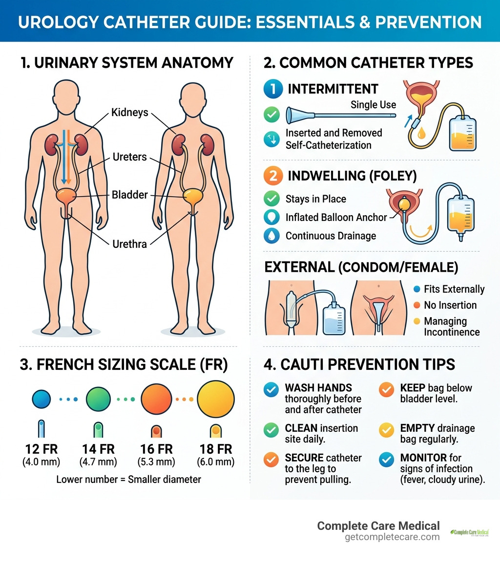 Infographic showing urinary system anatomy, catheter types, French sizing scale, and CAUTI prevention tips - urology
