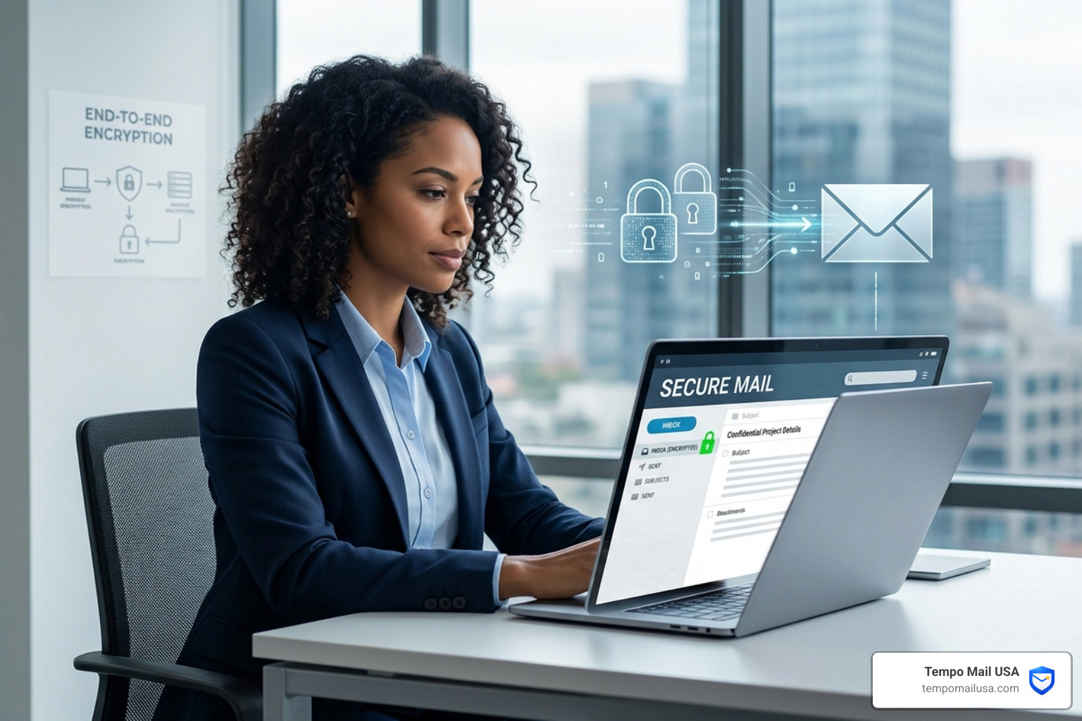 Futuristic secure server room representing high-end data protection - encrypted mail services Futuristic secure server room representing high-end data protection - encrypted mail services
