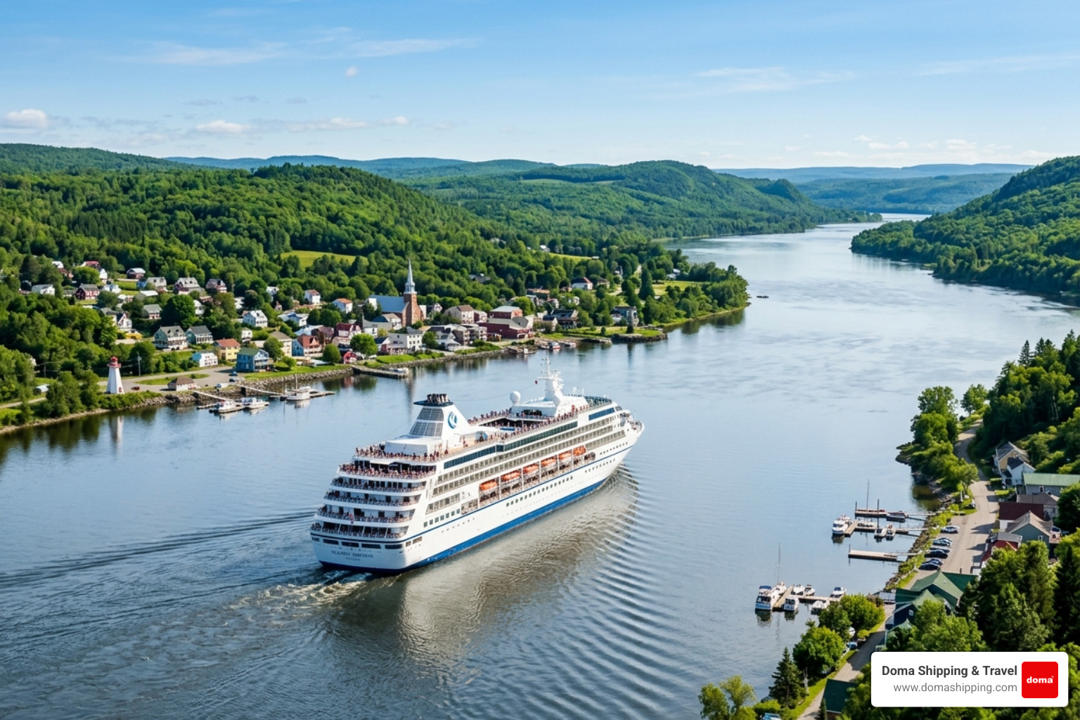 Scenic view of the St. Lawrence River landscape during a ship departure - passenger ship from canada to europe Scenic view of the St. Lawrence River landscape during a ship departure - passenger ship from canada to europe