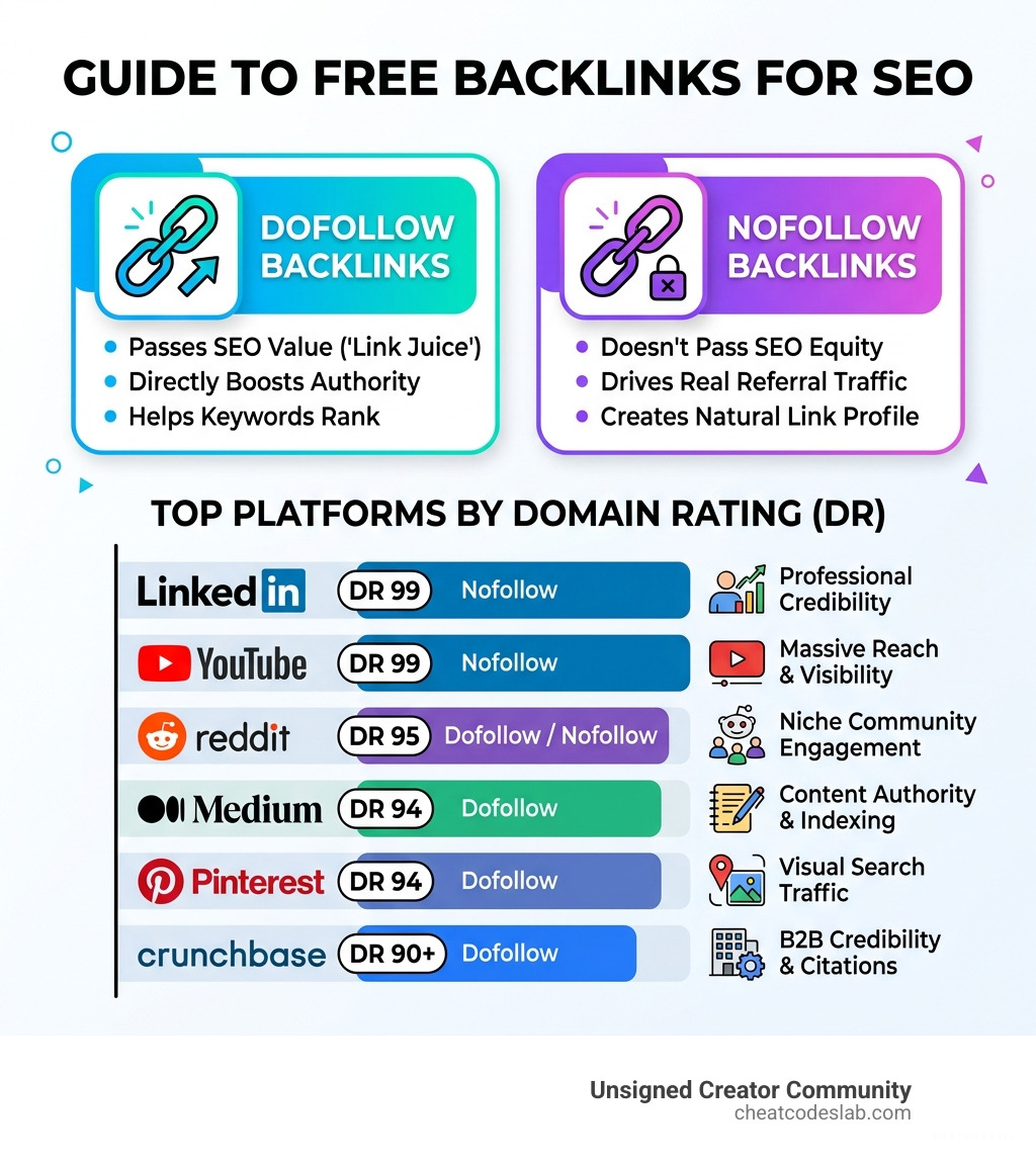 Infographic explaining dofollow vs nofollow free backlinks and top platforms by domain rating - best free backlinks for seo