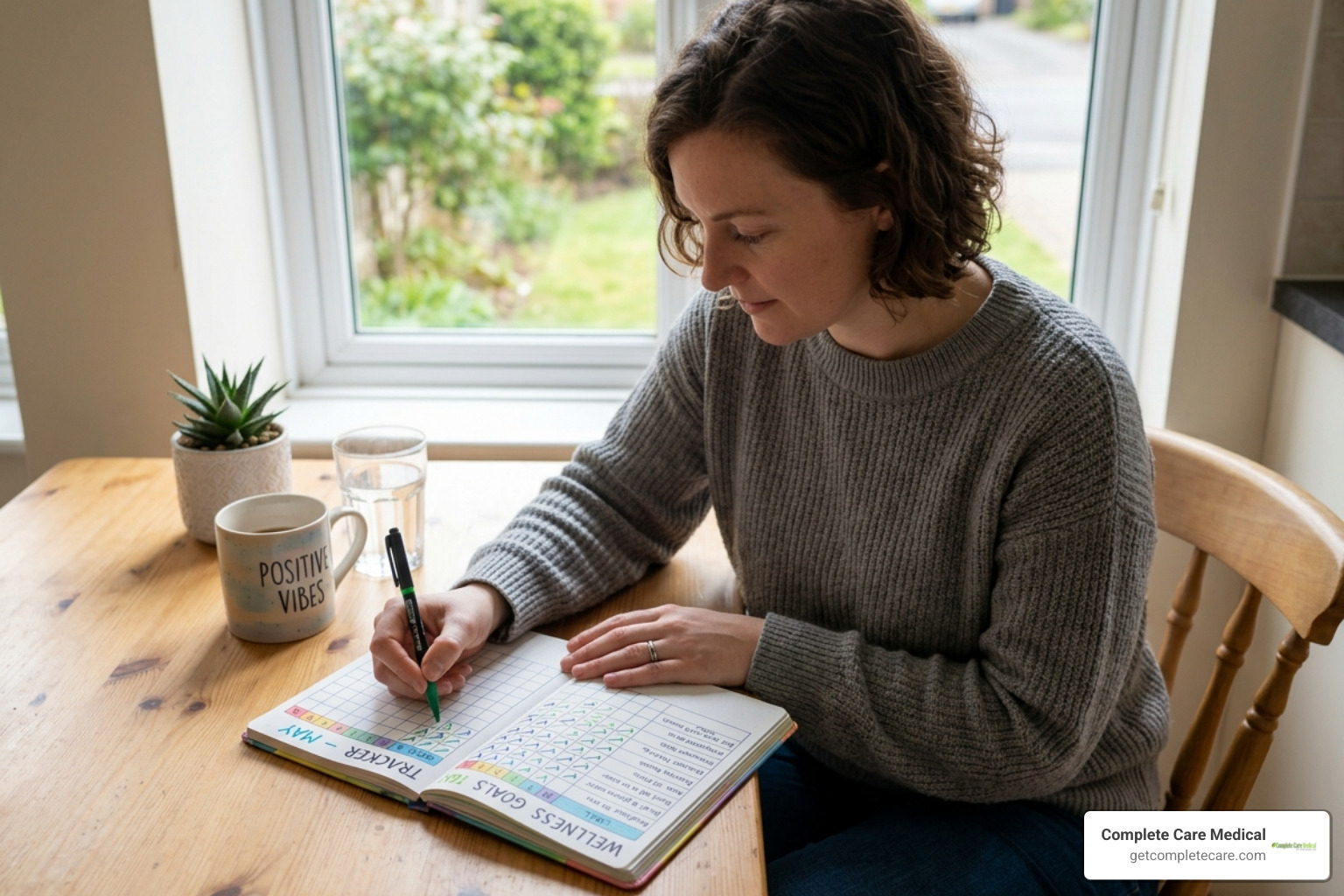 Person using a habit tracker to monitor their wellness goals - dimensions of wellness Person using a habit tracker to monitor their wellness goals - dimensions of wellness