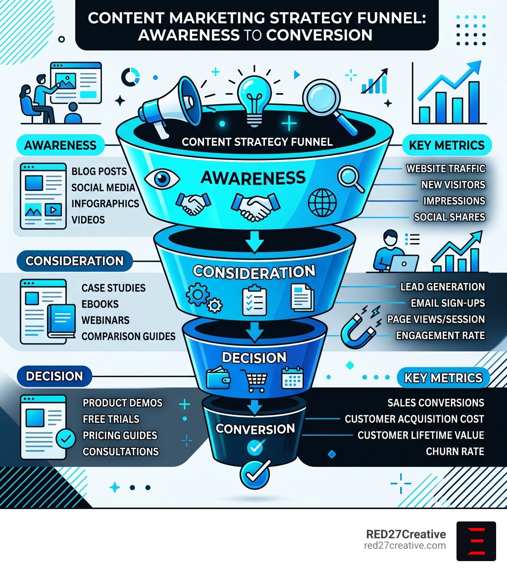 Content marketing strategy funnel stages from awareness to conversion with key metrics - content marketing strategy Content marketing strategy funnel stages from awareness to conversion with key metrics - content marketing strategy