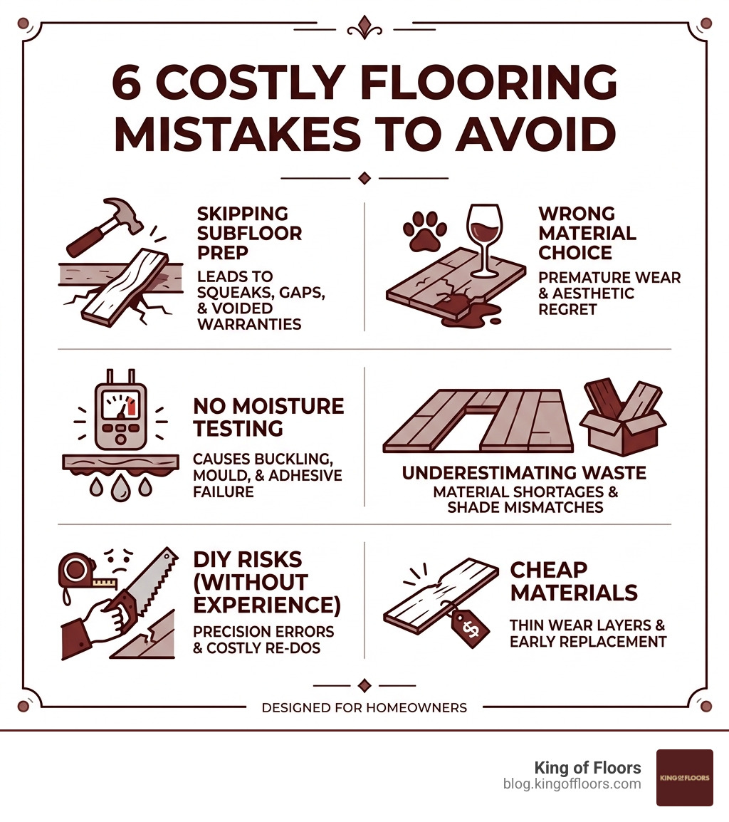 Infographic showing 6 costly flooring mistakes: skipping subfloor prep, wrong material choice, no moisture testing