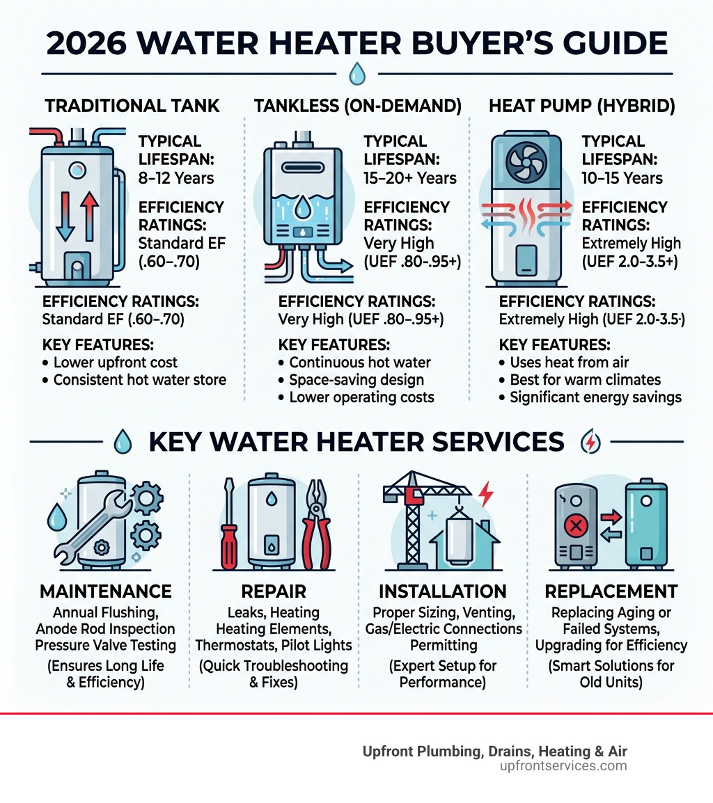 Infographic showing water heater types, lifespan, efficiency ratings, and key service categories - water heater services Infographic showing water heater types, lifespan, efficiency ratings, and key service categories - water heater services